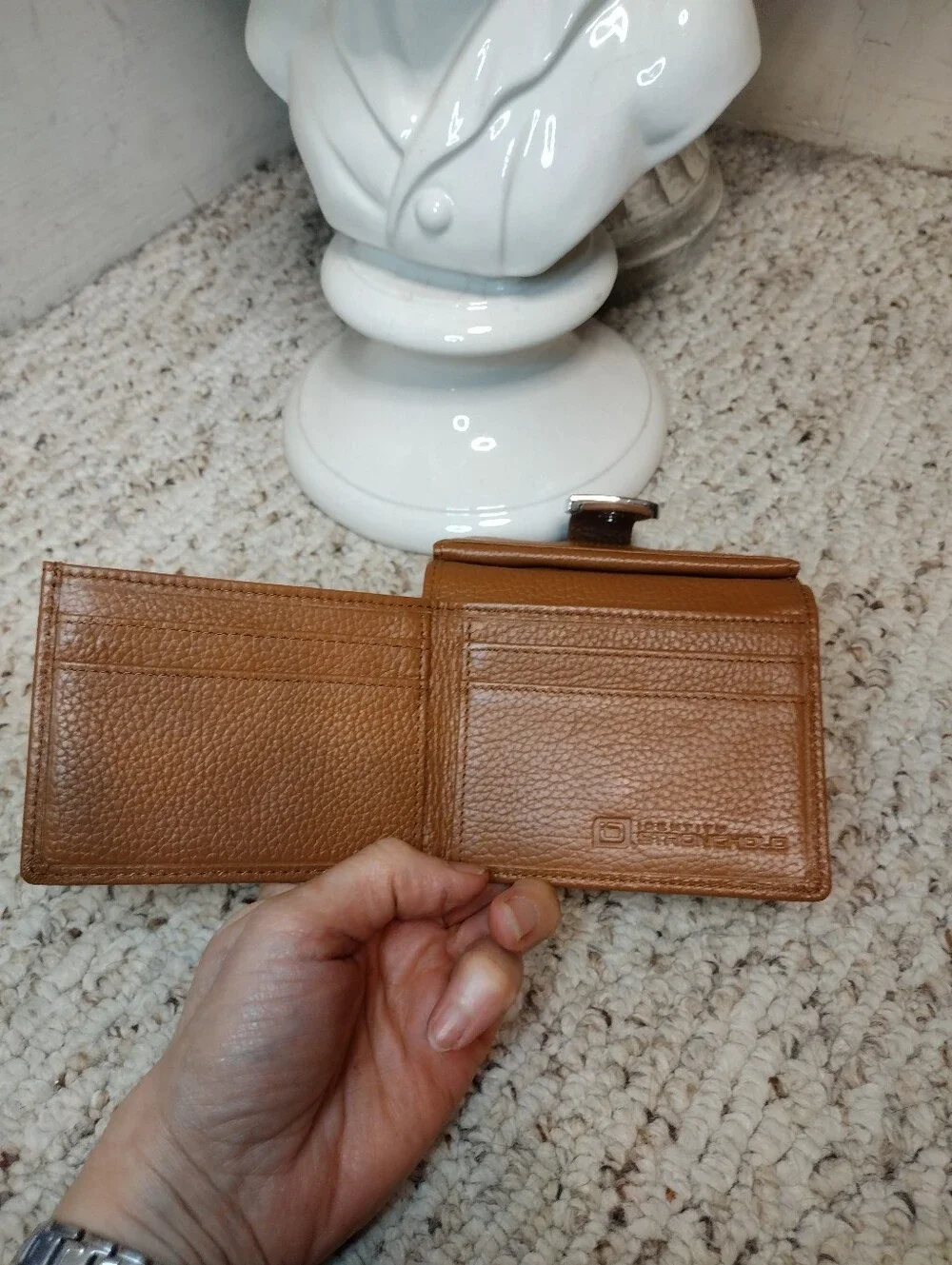 Identity Stronghold RFID Protected Tan Pebbled Leather Buckle Decorated Wallet